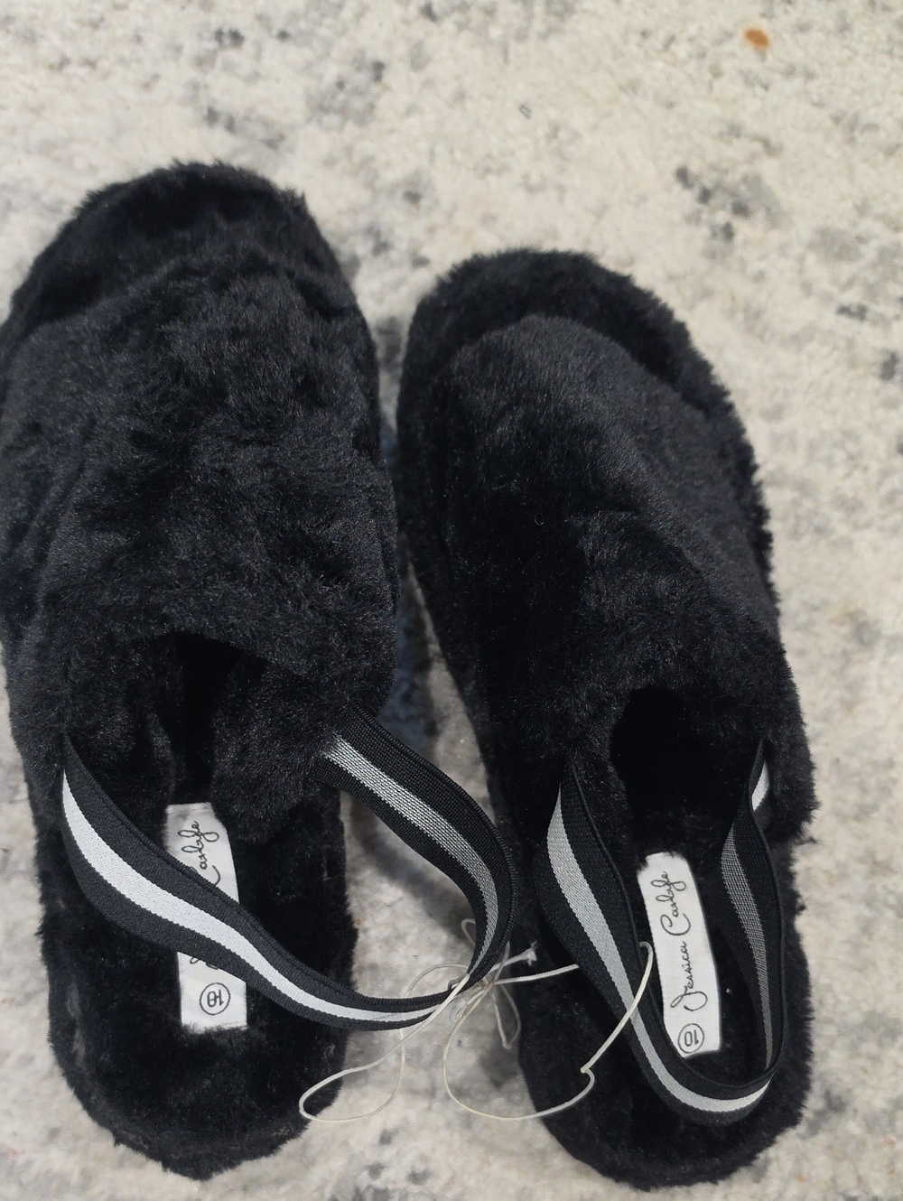 Jessica Carlyle Faux Fur Sling-Back Sandals Black Buckle Furry Open-Toe Sz 10